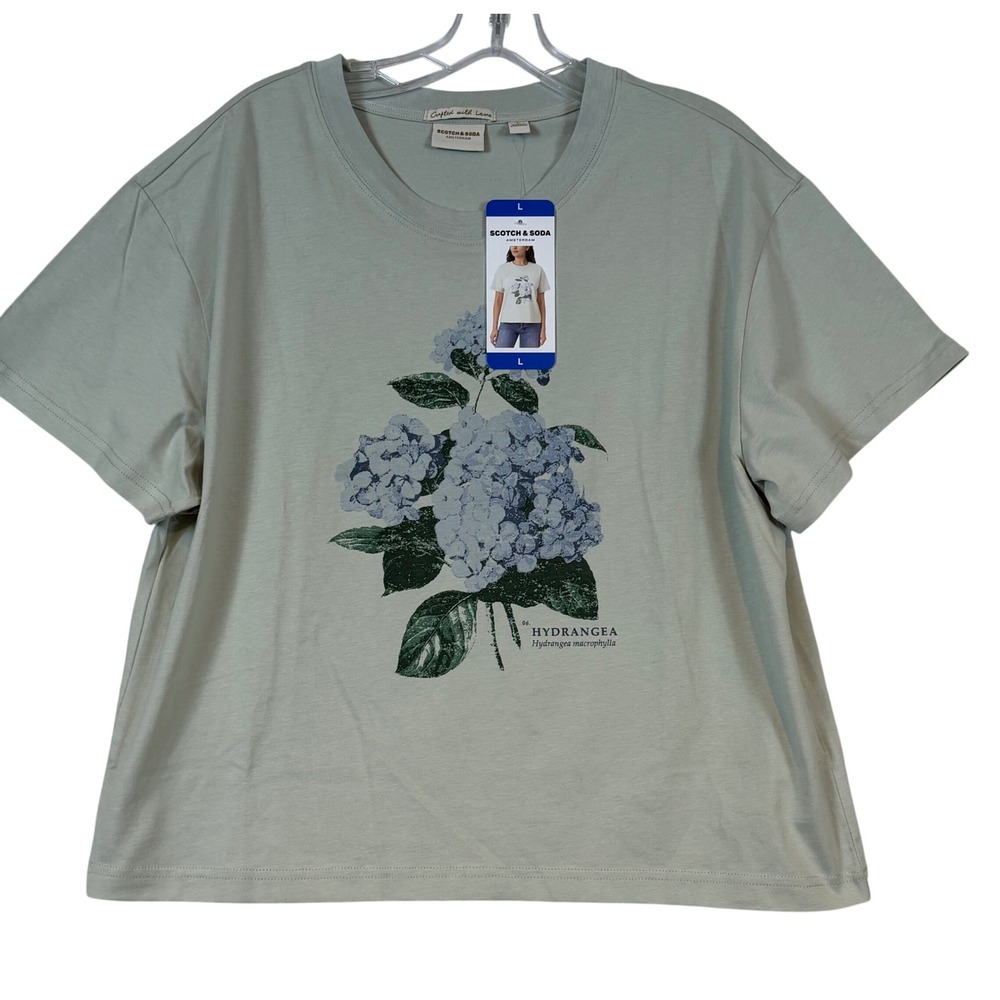 NWT Scotch‎ & Soda Women Sage Green Hydrangea Botanical Tee •L• Cottagecore Art - Picture 2 of 10
